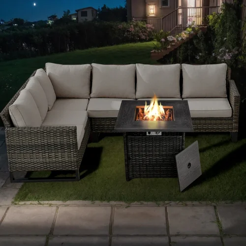 Patio Outdoor Wicker Sectional Sofa Set with Fire Pit Table