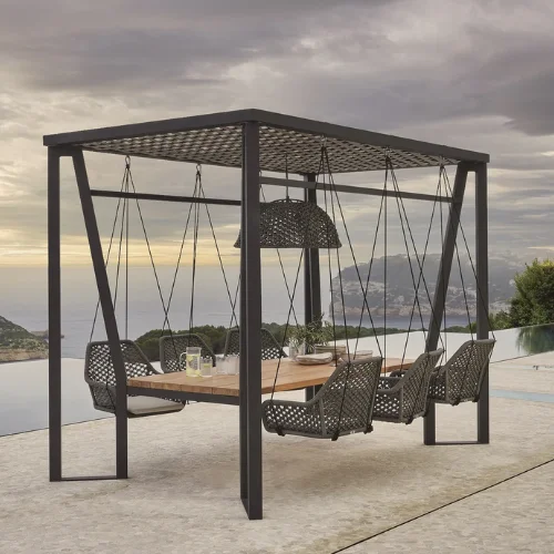 Horizon Pergola with Lamp, Hanging Chairs, and Teak Table 